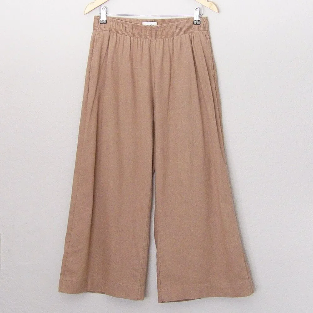 Abercrombie & Fitch Linen Cotton Wide Leg Crop Pull On Pants M Camel Tan Comfy - Picture 3 of 11
